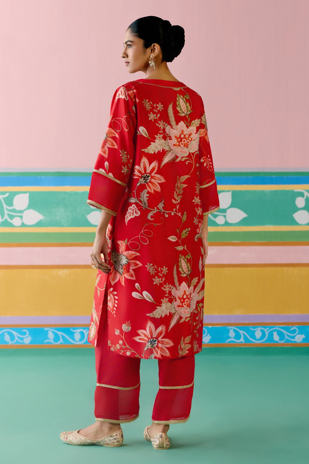 Red Chintz V-Neck Kurta Set