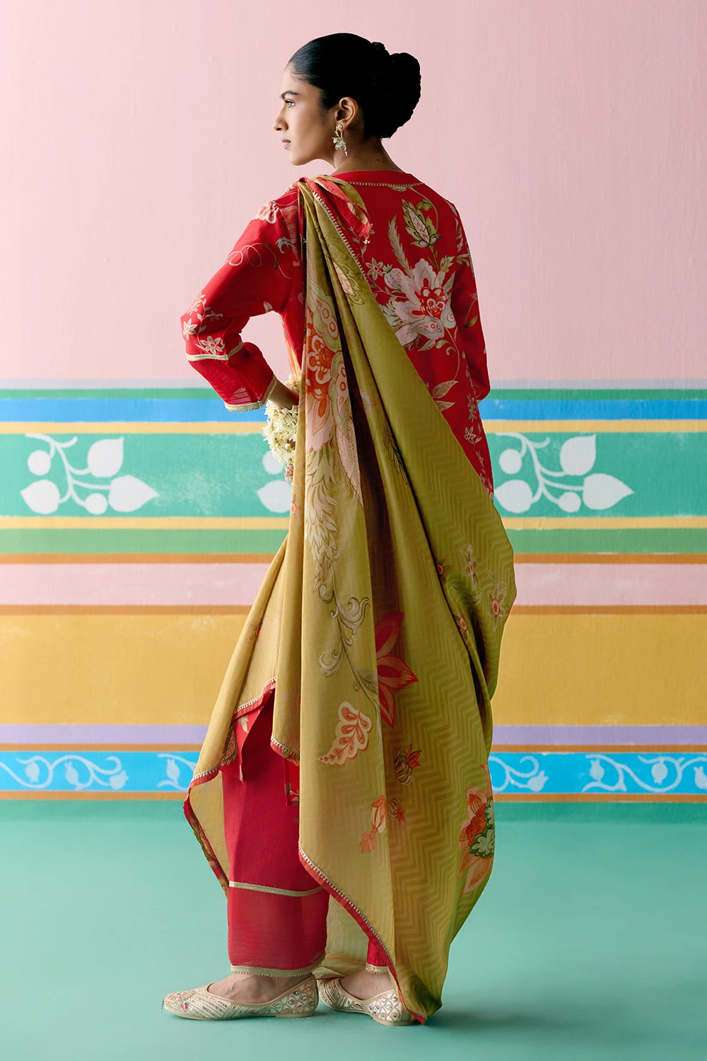 Red Chintz V-Neck Kurta Set With Dupatta