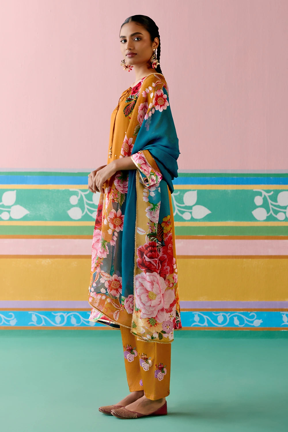 Mustard Floral Kurta Set With Dupatta