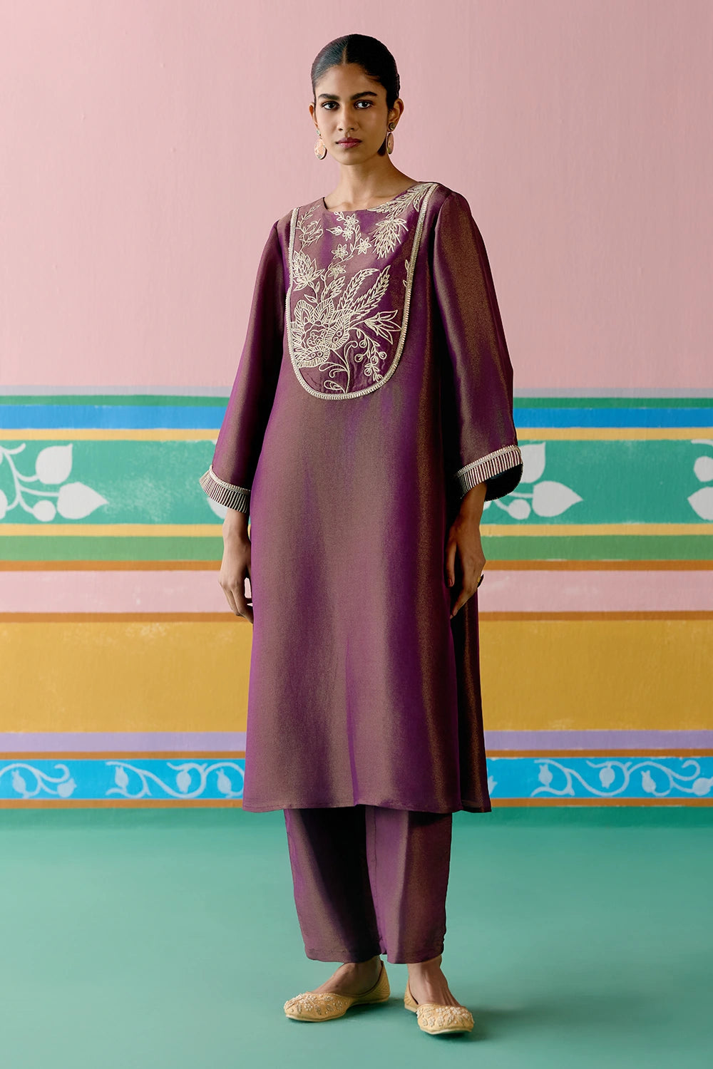 Purple Embroidered Kurta Set With Dupatta