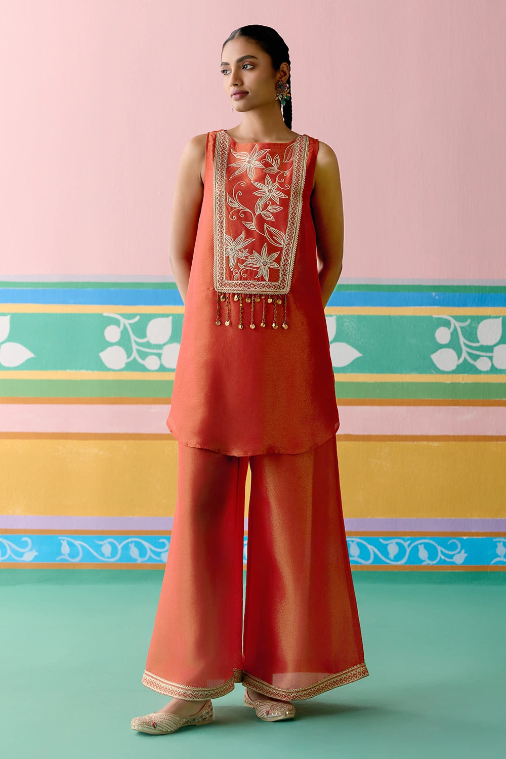 Rust Embroidered Sleeveless Kurta Set With Dupatta