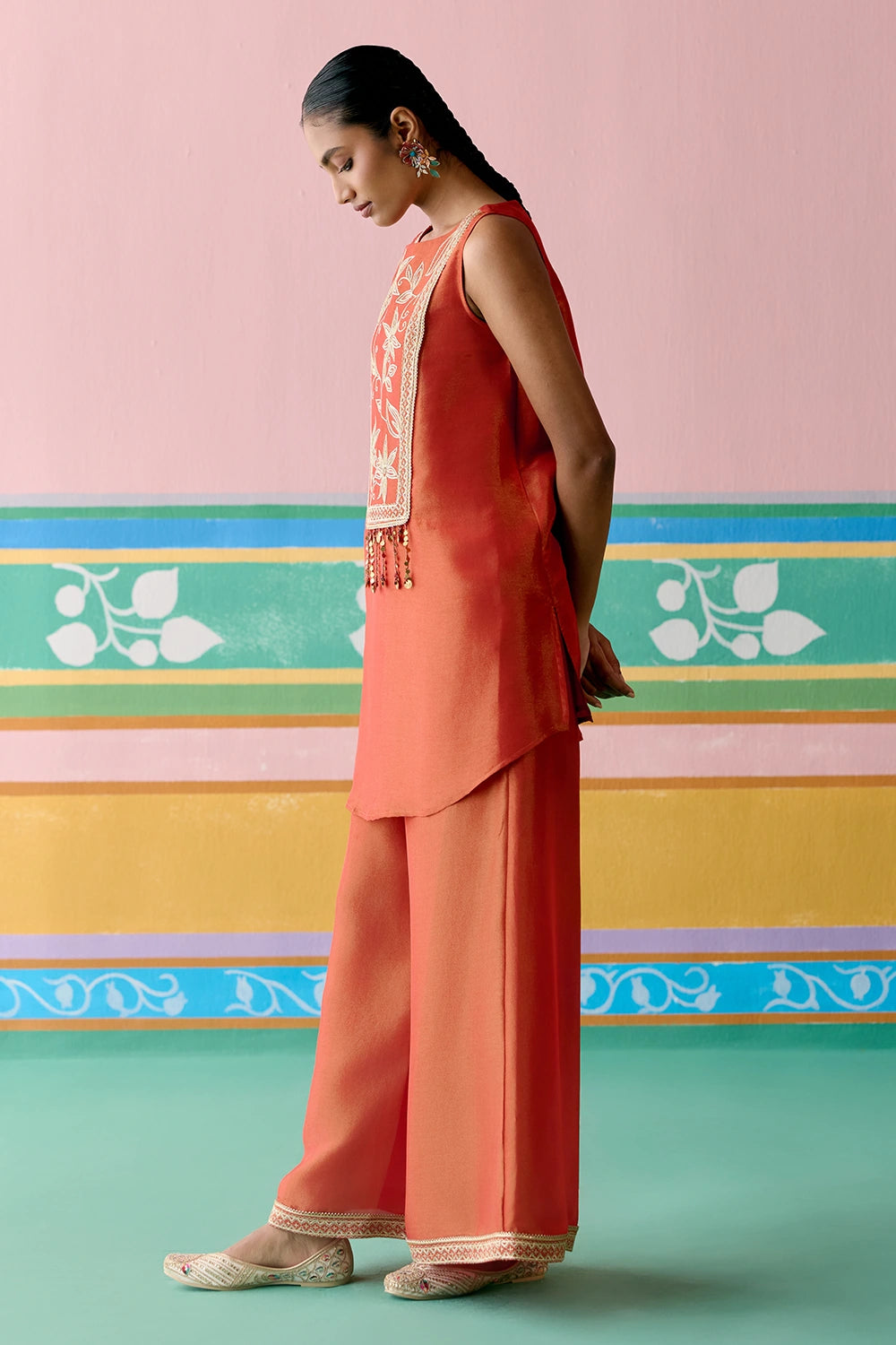 Rust Embroidered Sleeveless Kurta Set