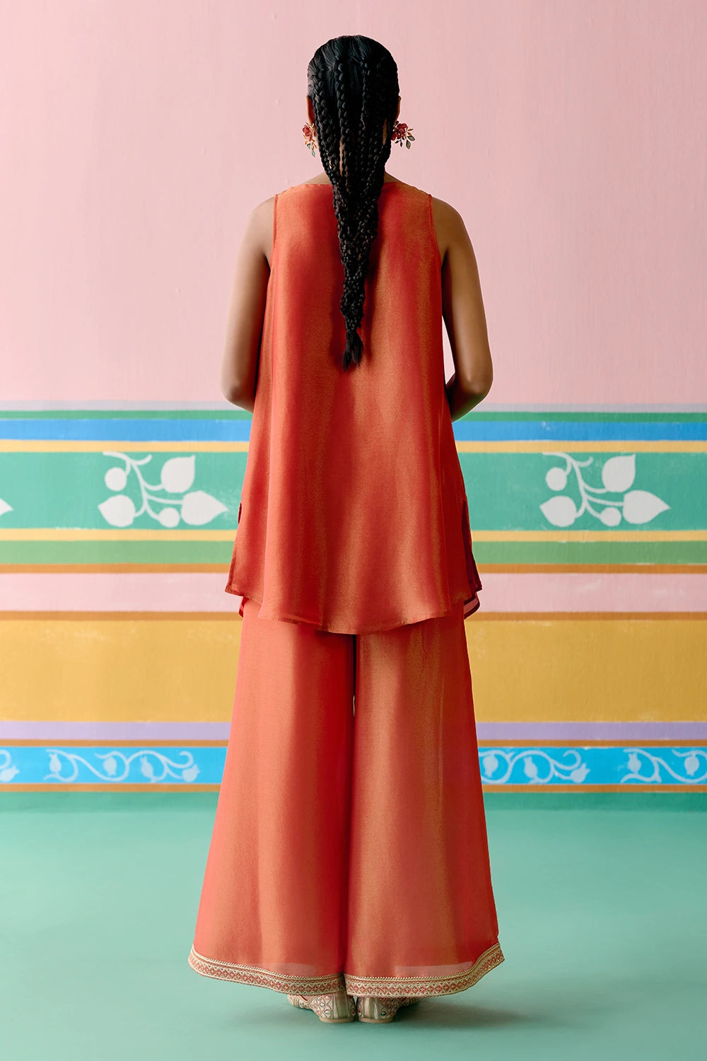 Rust Embroidered Sleeveless Kurta Set With Dupatta