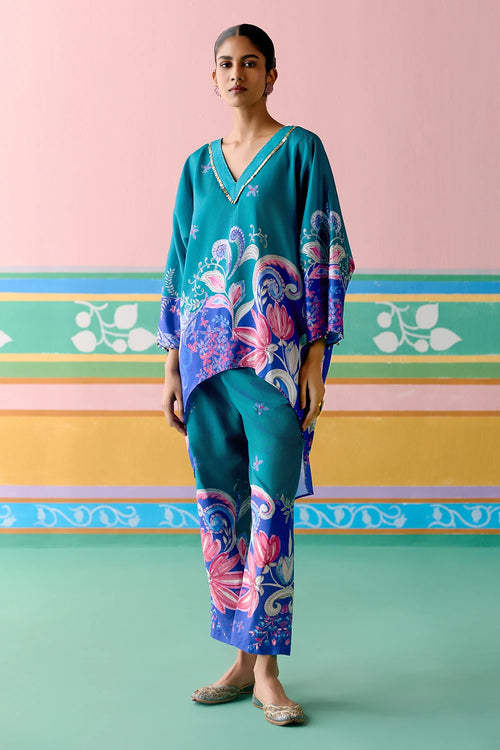 Teal Paisley Short Kaftan Set