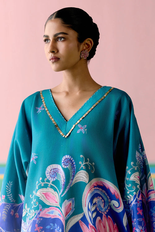 Teal Paisley Short Kaftan Set
