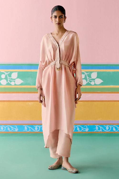 Peach Embroidered Long Kaftan Set