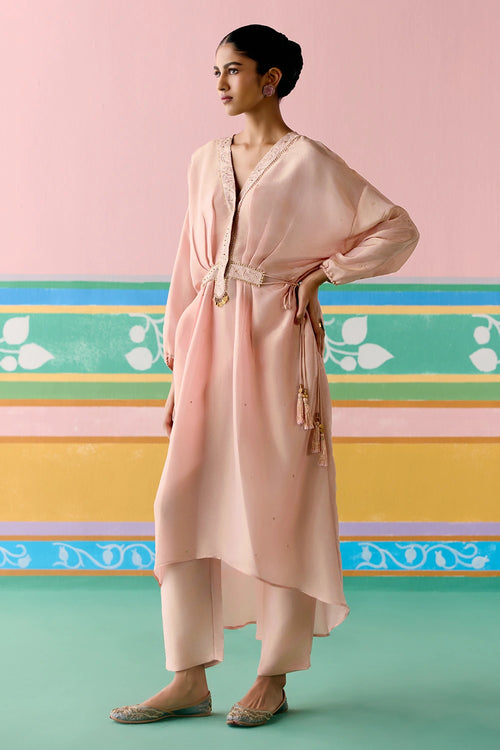 Peach Embroidered Long Kaftan Set