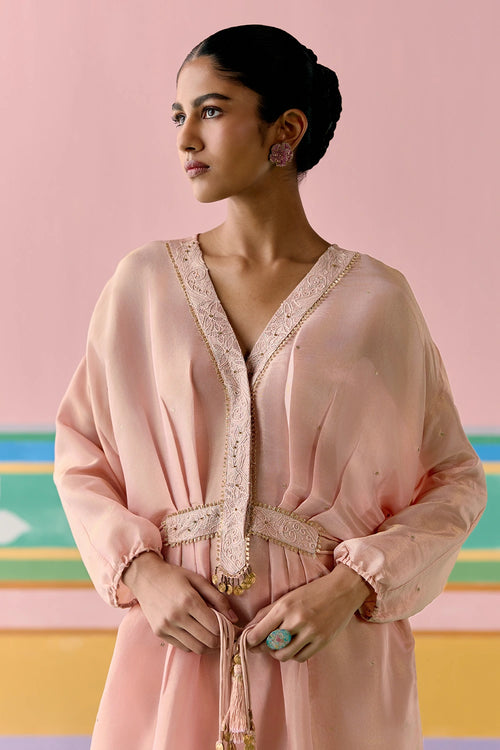 Peach Embroidered Long Kaftan Set