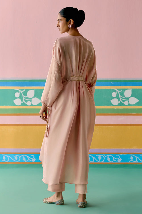 Peach Embroidered Long Kaftan Set