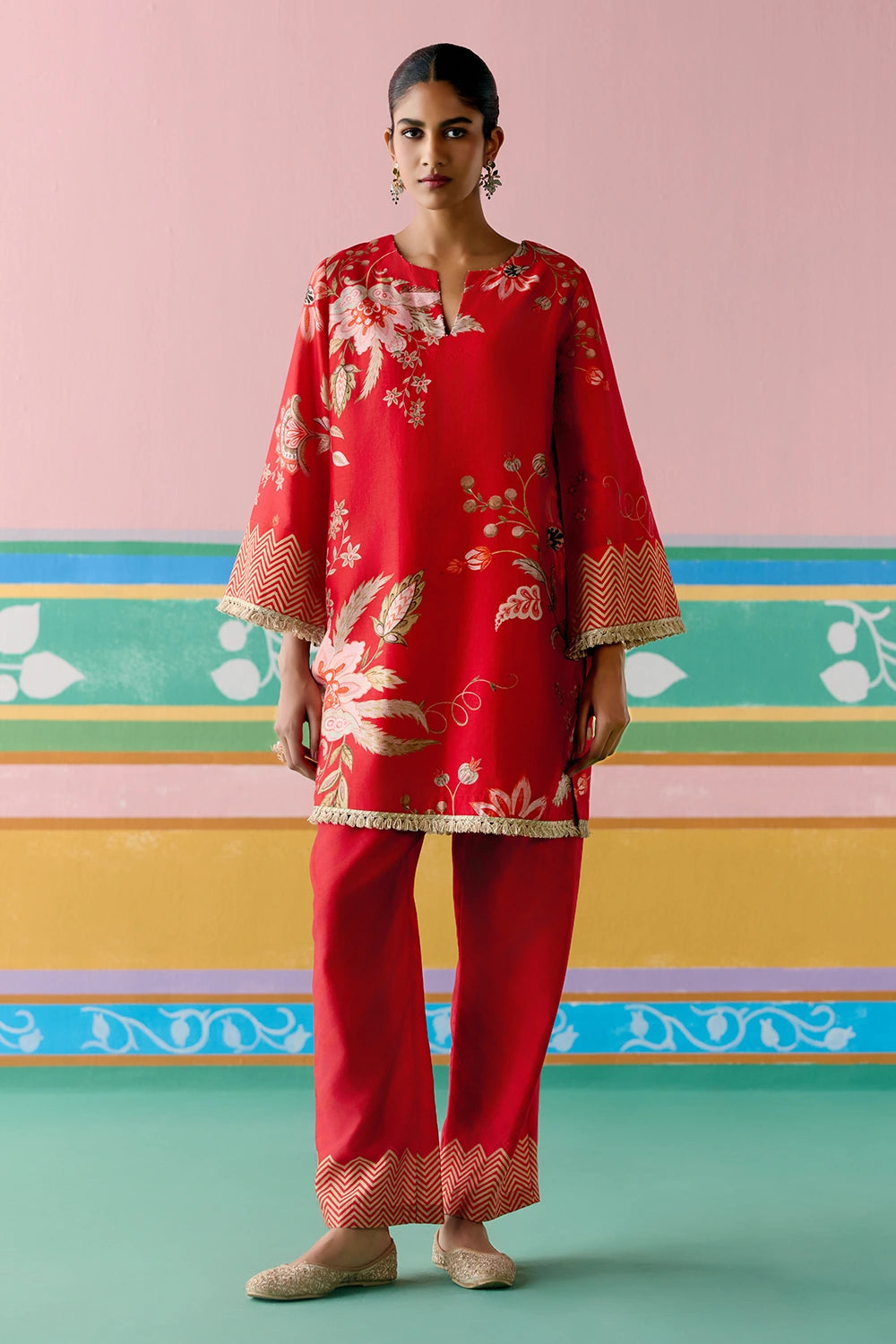 Red Chintz Kurta Set With Dupatta