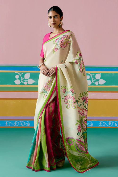 Ecru And Green Paisley Saree