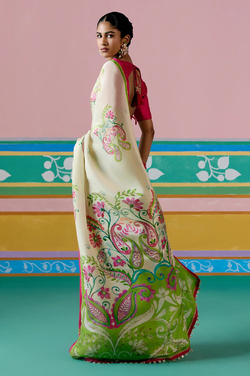 Ecru And Green Paisley Saree