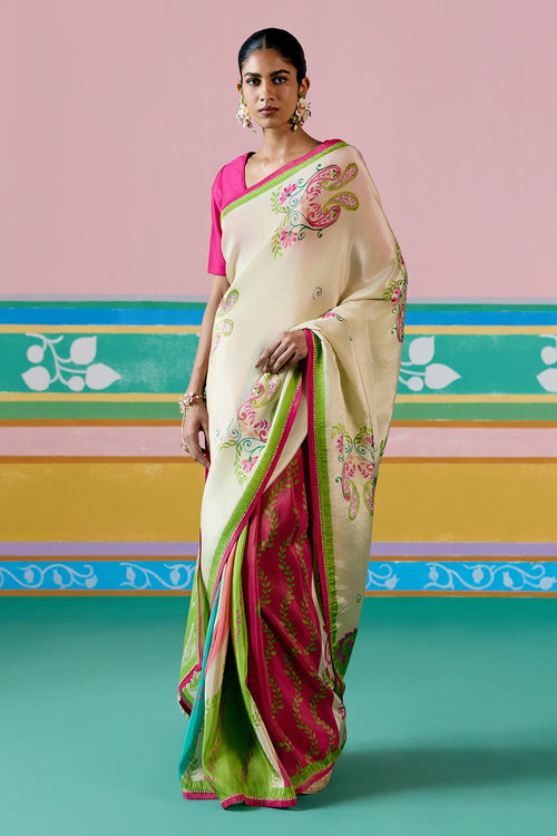 Ecru And Green Paisley Saree