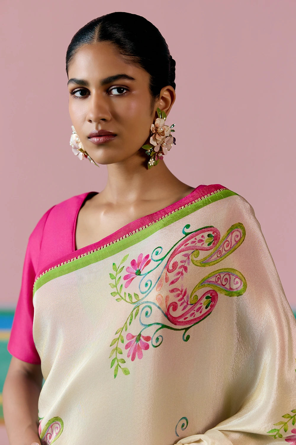 Ecru And Green Paisley Saree