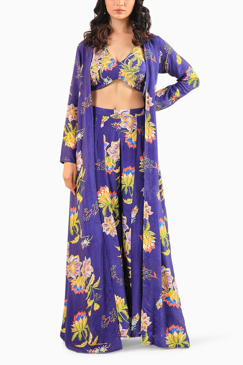 Royal Blue Floral Printed Three-Piece Set