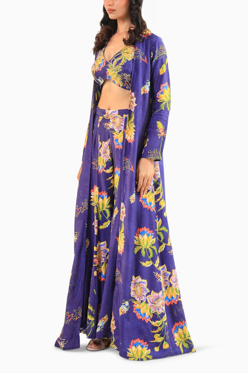 Royal Blue Floral Printed Three-Piece Set