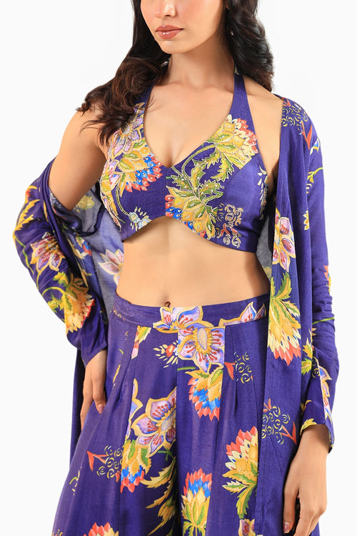 Royal Blue Floral Printed Three-Piece Set