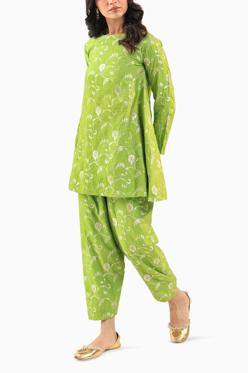 Green Banarasi Kurta Set with Salwar Pants