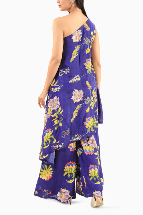Deep Blue Floral Off-Shoulder Kurta Set