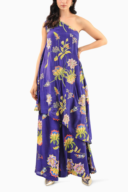 Deep Blue Floral Off-Shoulder Kurta Set