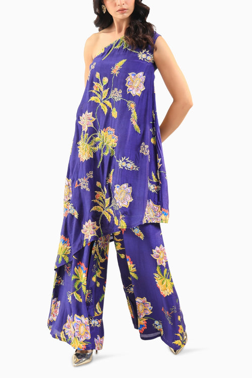 Deep Blue Floral Off-Shoulder Kurta Set