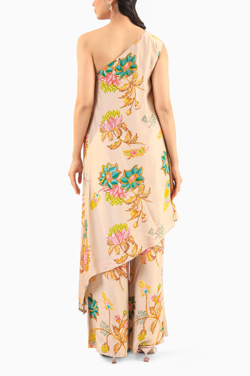 Beige Floral Asymmetric Kurta Set