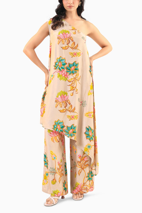 Beige Floral Asymmetric Kurta Set