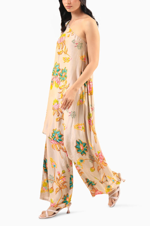 Beige Floral Asymmetric Kurta Set
