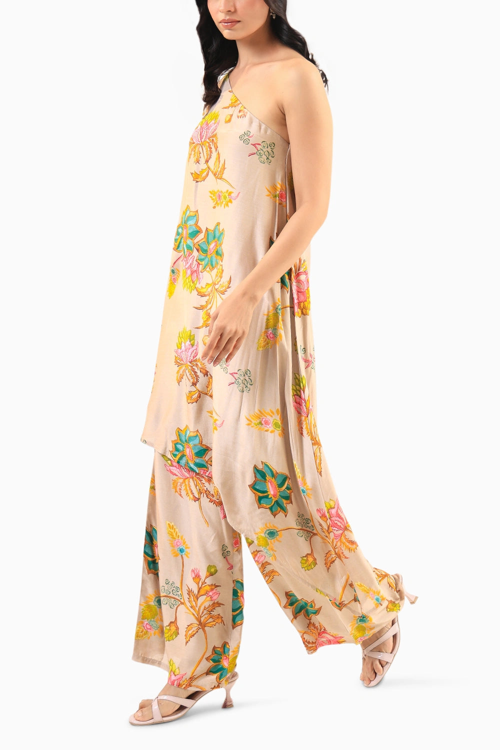 Beige Floral Asymmetric Kurta Set