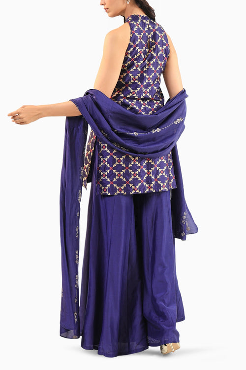 Deep Blue Halter Banarasi Kurta Set with Embroidered Dupatta
