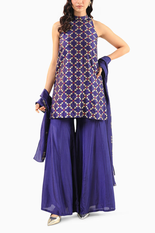 Deep Blue Halter Banarasi Kurta Set with Embroidered Dupatta
