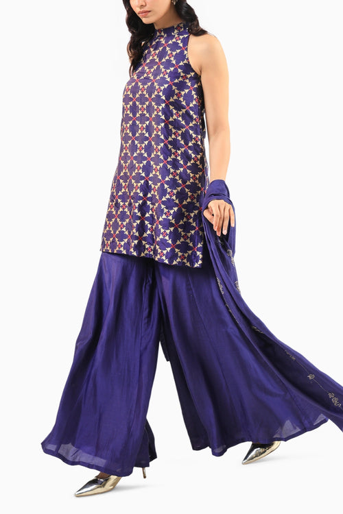 Deep Blue Halter Banarasi Kurta Set with Embroidered Dupatta