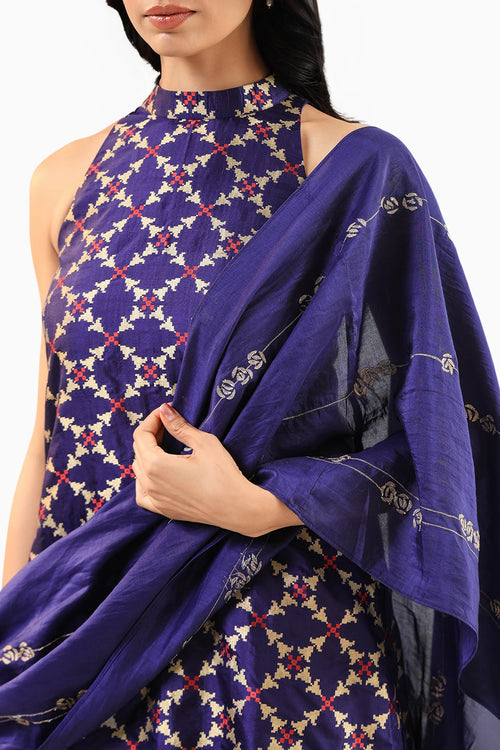 Deep Blue Halter Banarasi Kurta Set with Embroidered Dupatta