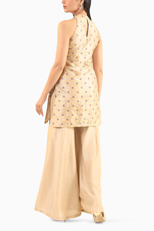 Beige Halter Banarasi Kurta Set with Embroidered Dupatta
