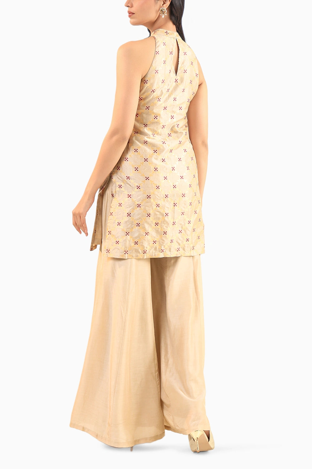 Beige Halter Banarasi Kurta Set with Embroidered Dupatta