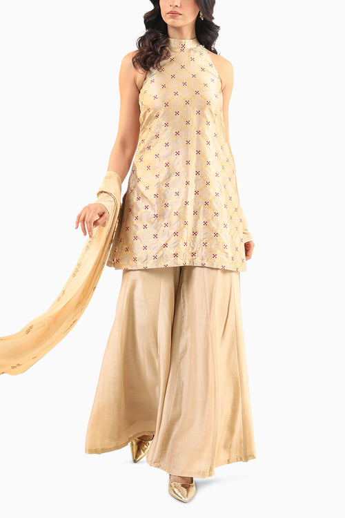 Beige Halter Banarasi Kurta Set with Embroidered Dupatta
