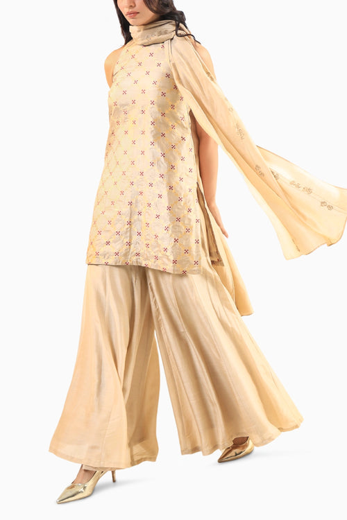 Beige Halter Banarasi Kurta Set with Embroidered Dupatta