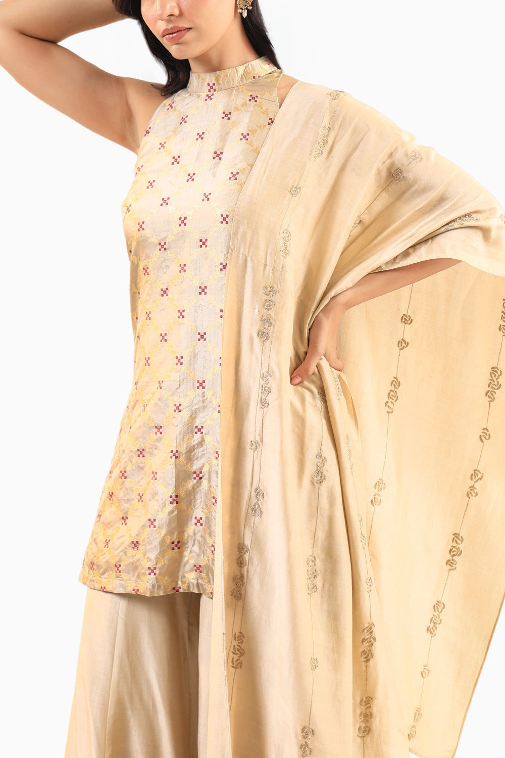 Beige Halter Banarasi Kurta Set with Embroidered Dupatta