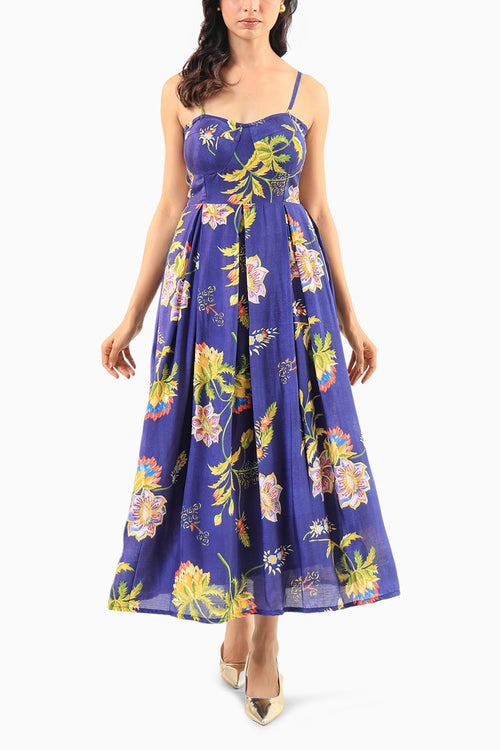 Deep Blue Floral Midi Dress