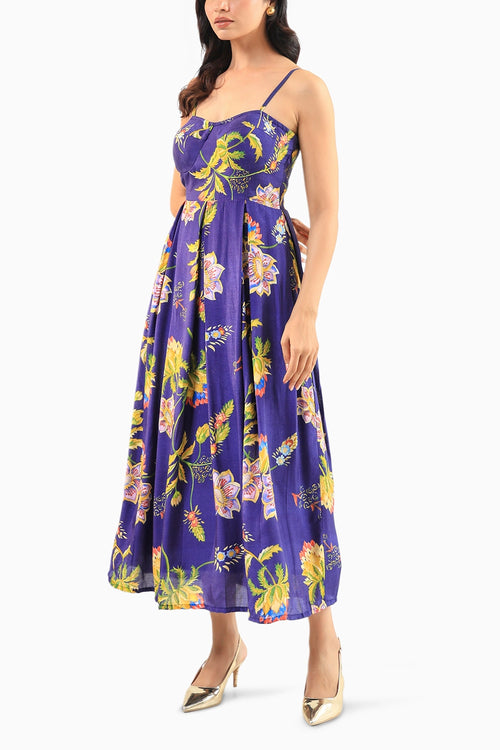 Deep Blue Floral Midi Dress