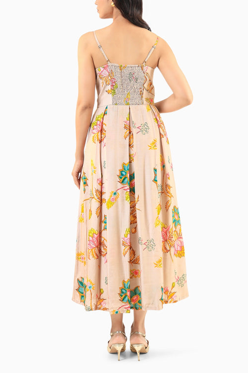 Beige Floral Midi Dress