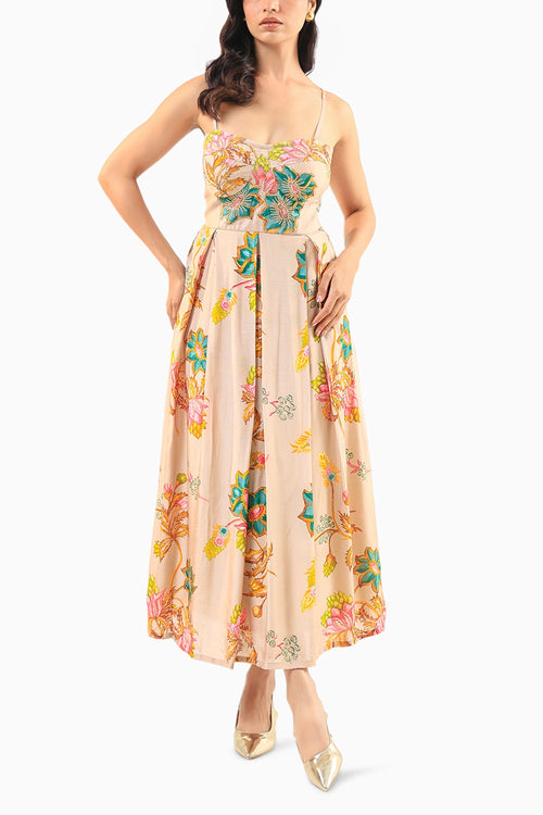 Beige Floral Midi Dress