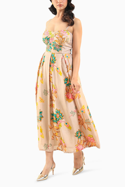 Beige Floral Midi Dress