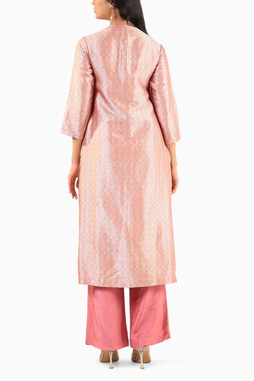 Pink Banarasi Kurta Set with Royal Silk Pants and Dupatta