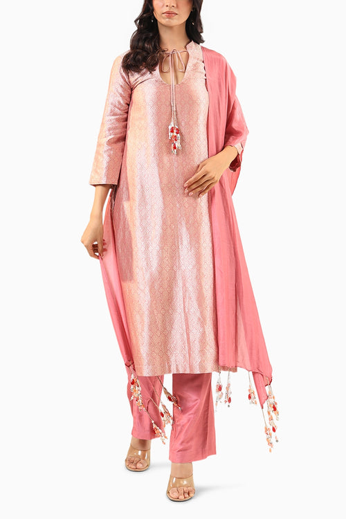 Pink Banarasi Kurta Set with Royal Silk Pants and Dupatta