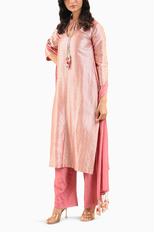 Pink Banarasi Kurta Set with Royal Silk Pants and Dupatta