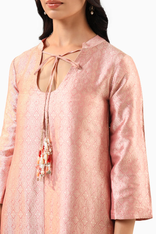 Pink Banarasi Kurta Set with Royal Silk Pants and Dupatta