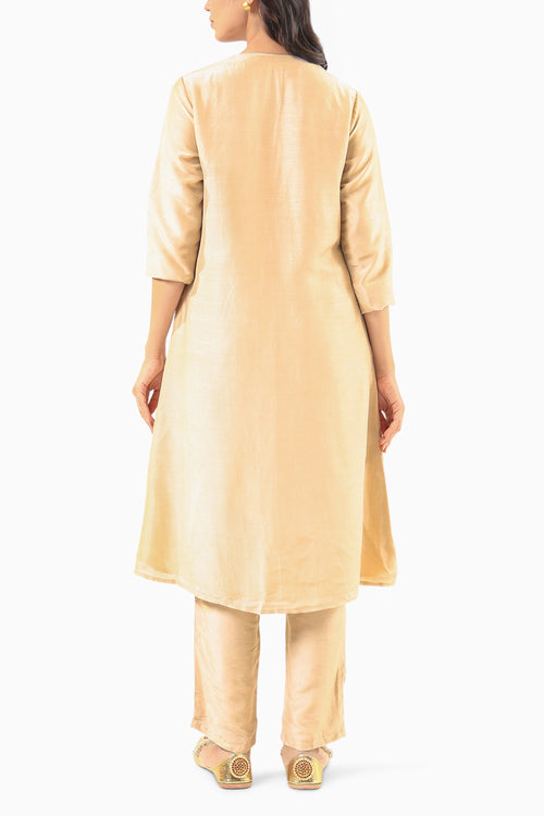 Beige Front-Button Kurta Set with Embroidery on Pockets