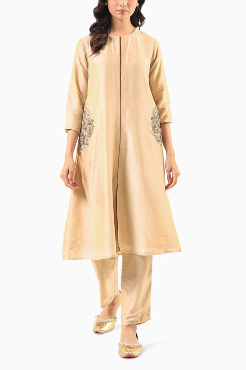 Beige Front-Button Kurta Set with Embroidery on Pockets