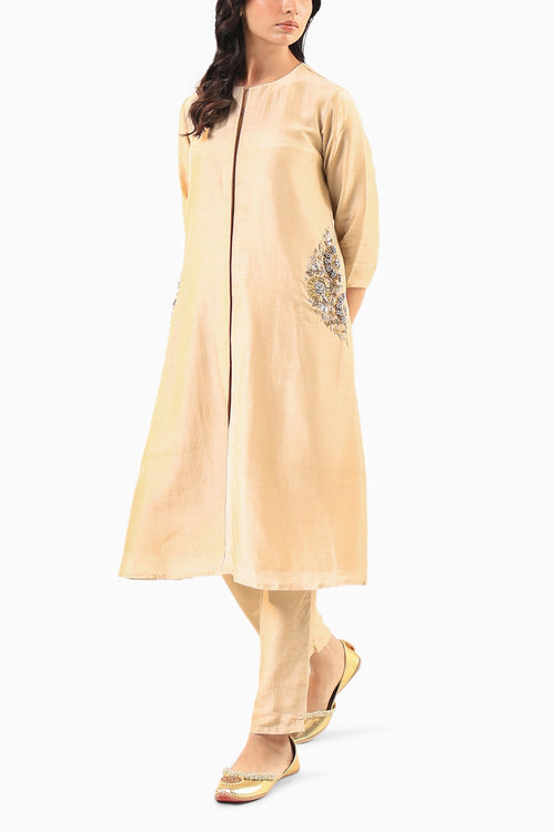 Beige Front-Button Kurta Set with Embroidery on Pockets